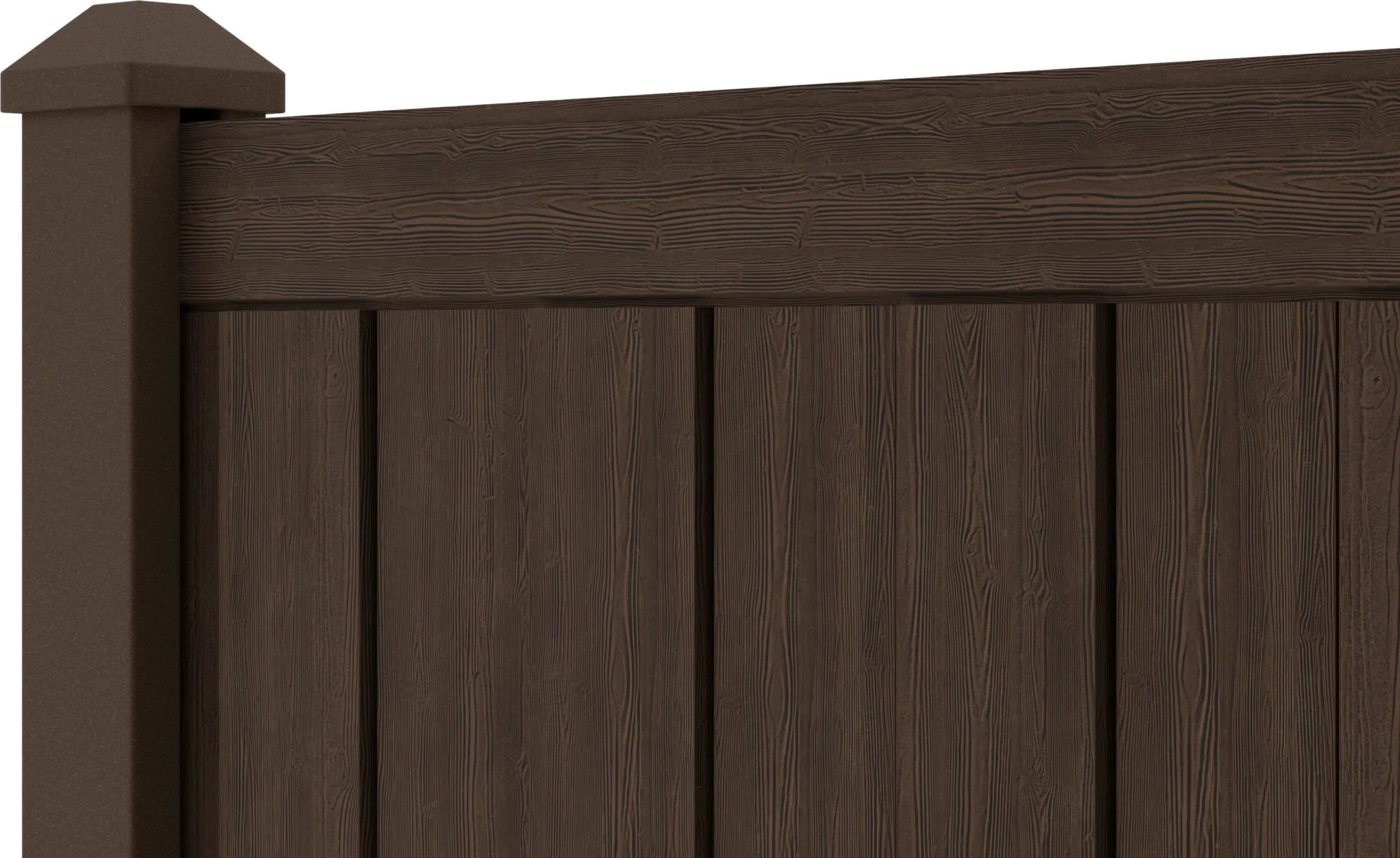 Catalyst Breckenridge SimTek molded woodgrain privacy fence in Walnut Brown