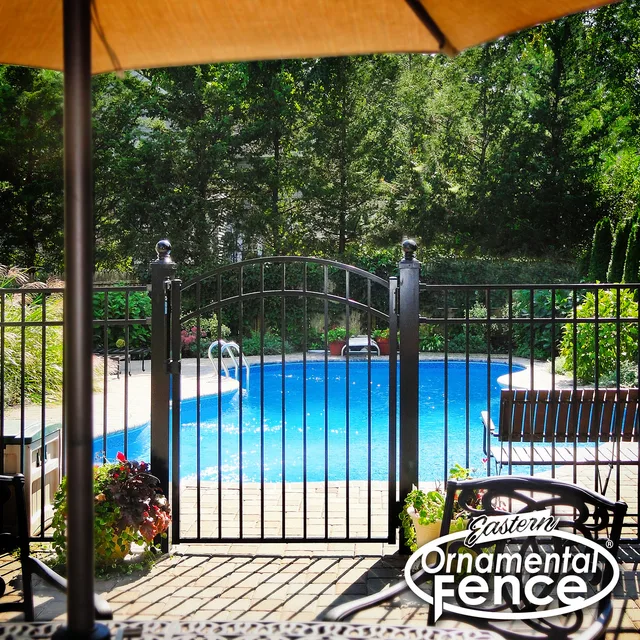 Eastern Ornamental 54-inch Style 202 — pool code black aluminum with arched accent gate