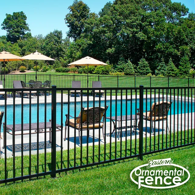 Eastern Ornamental Ovation — pool-code aluminum fence around a residential pool