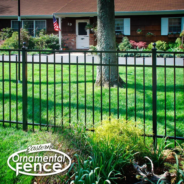 Eastern Ornamental Style 200 — 48-inch black aluminum with alternating square and pressed-point pickets