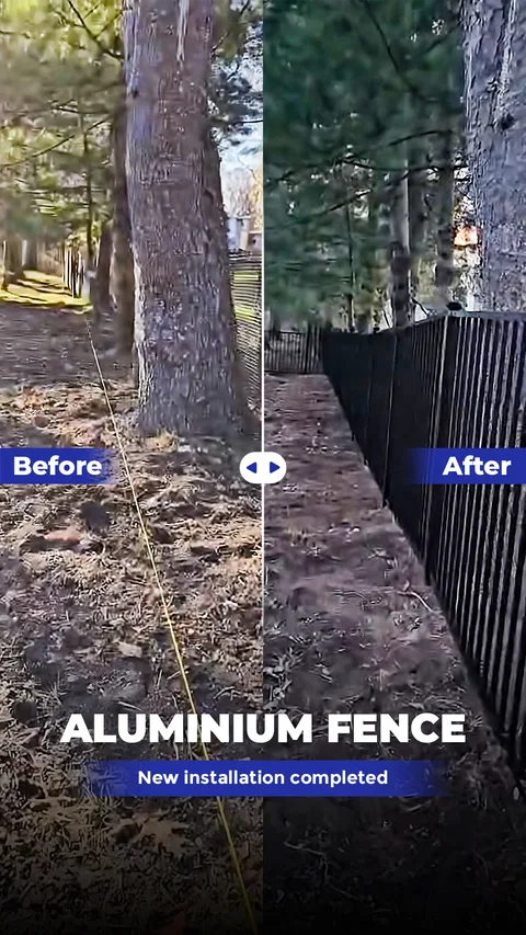 Black aluminum fence install before and after
