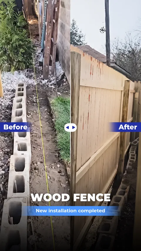 New wood privacy fence installed between cinder-block walls