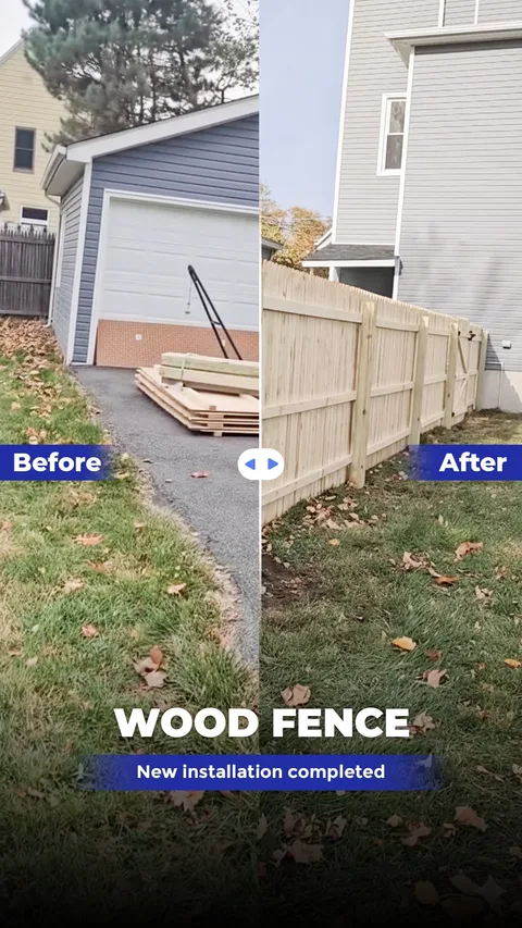 New wood privacy fence installed alongside a garage