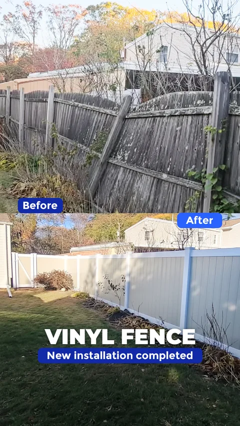 Before-and-after vinyl privacy fence replacing a leaning wood fence